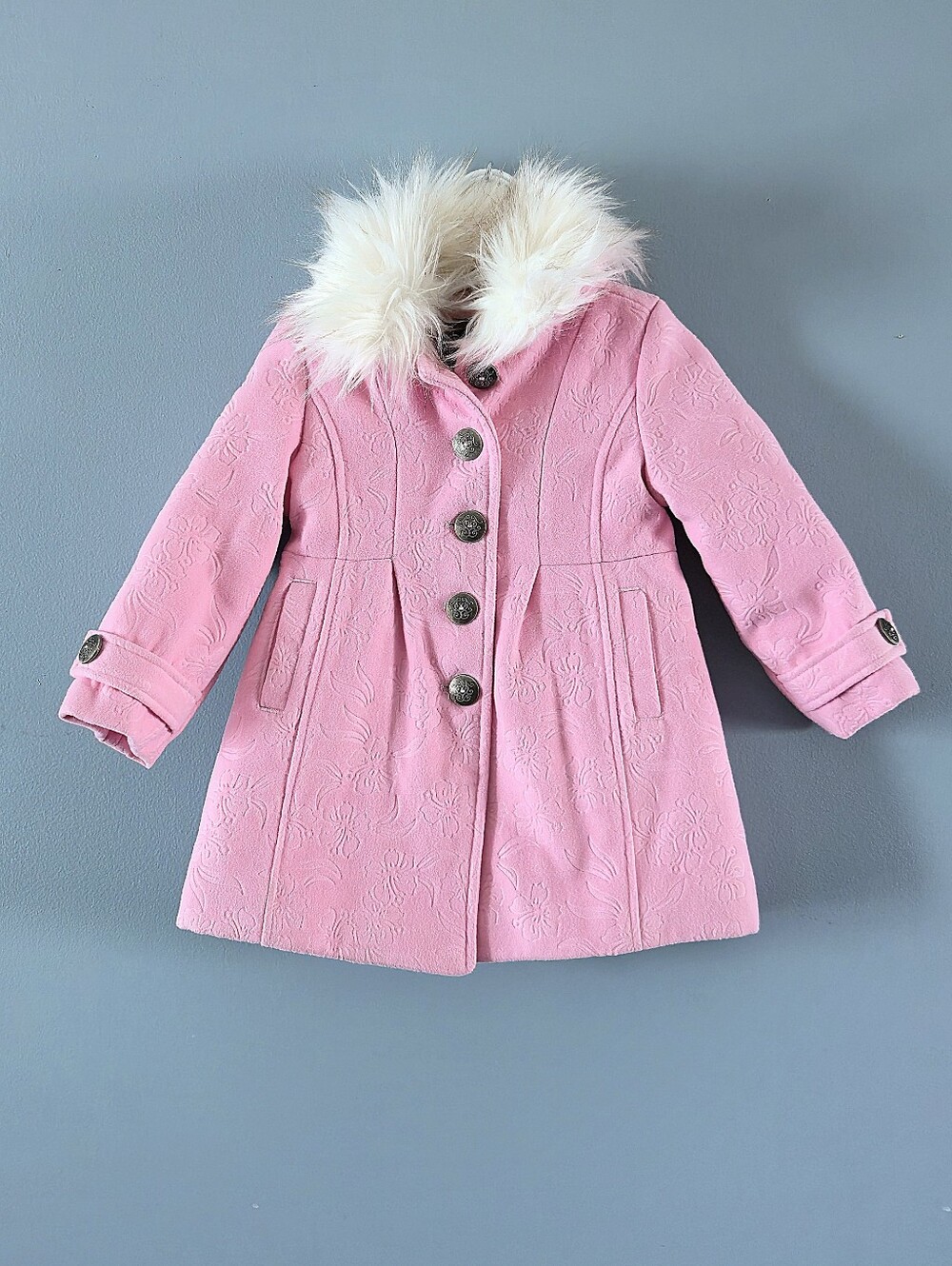 Girls Pink Faux-Fur Trim Dress Coat (2T)